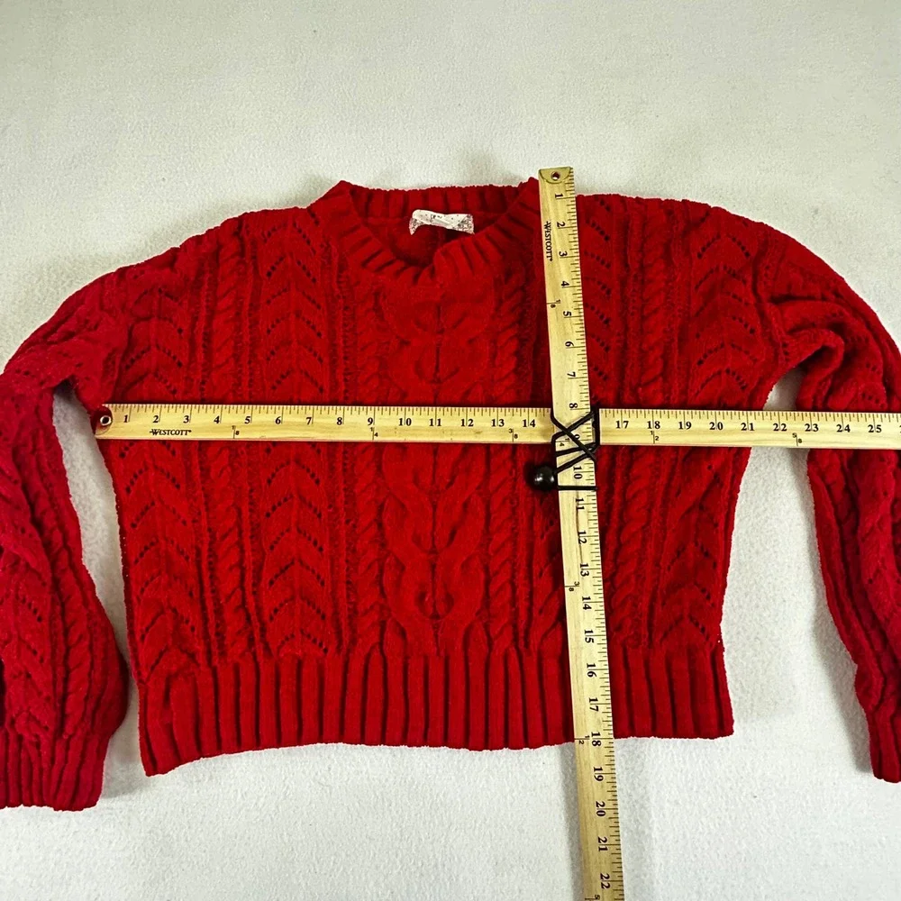 Pink Rose Red Chenille Cable Knit Sweater Womens Medium ‎ Recycled Pullover